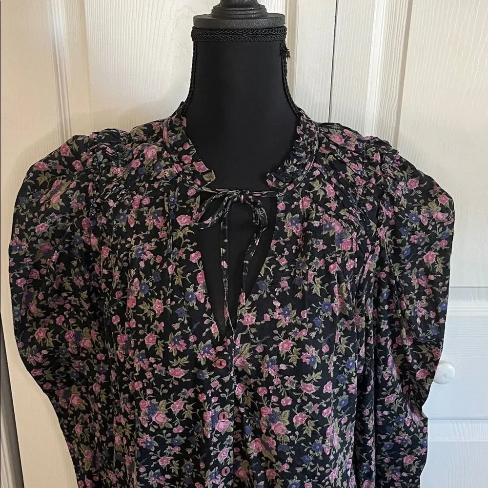 Free People Meant To Be Black Floral Cotton Puff Sleeve Top Small Cottagecore